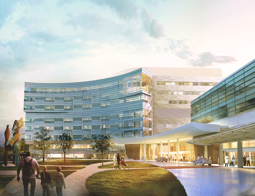 An artist's rendering of the renovated Penn State Health Children's Hospital, with three additional floors. The vantage point is the front of the building, from near the Cancer Institute.