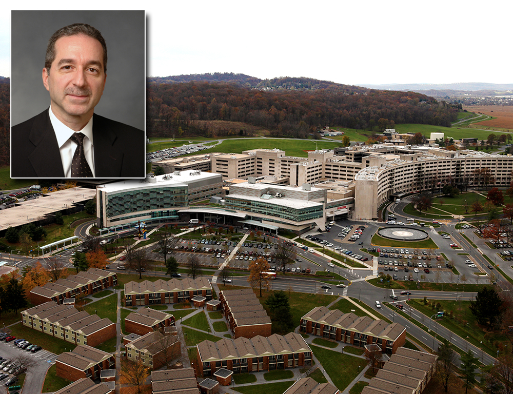 An image of Dr. Tony G. Farah superimposed over the upper left-hand corner of a photo of the Milton S. Hershey Medical Center campus.