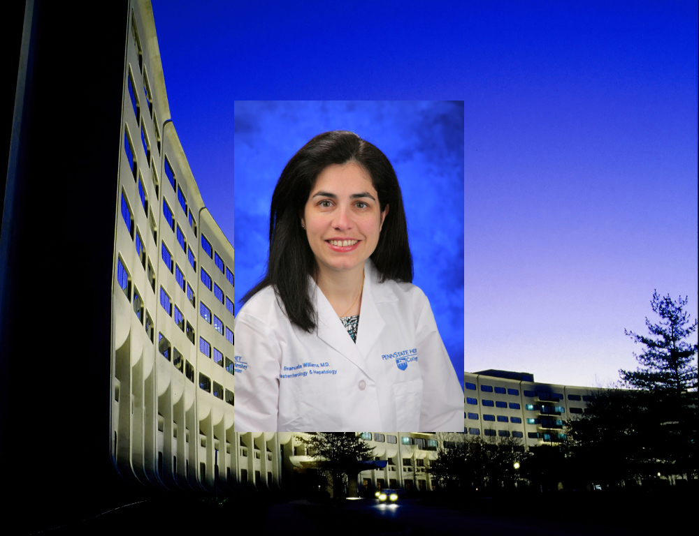 A photo of Dr. Emmanuelle Williams wearing a white physician's coat, superimposed over a photo of Hershey Medical Center's signature Crescent-shaped building.