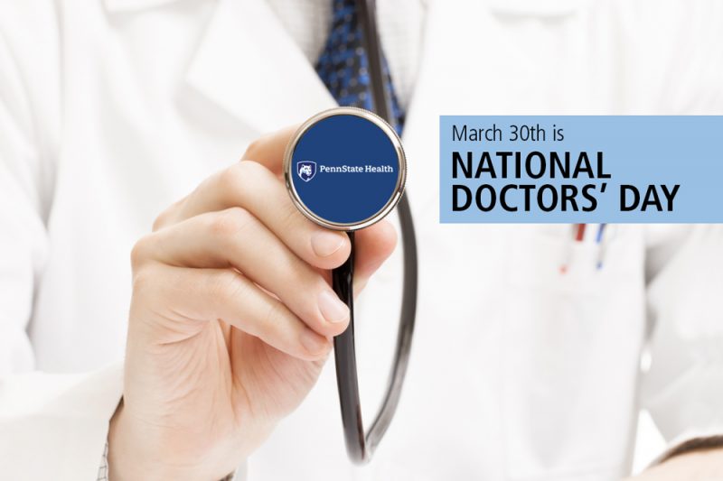 A physician in a white coat holds the head of a stethoscope toward the camera, revealing a Penn State Health logo. The words