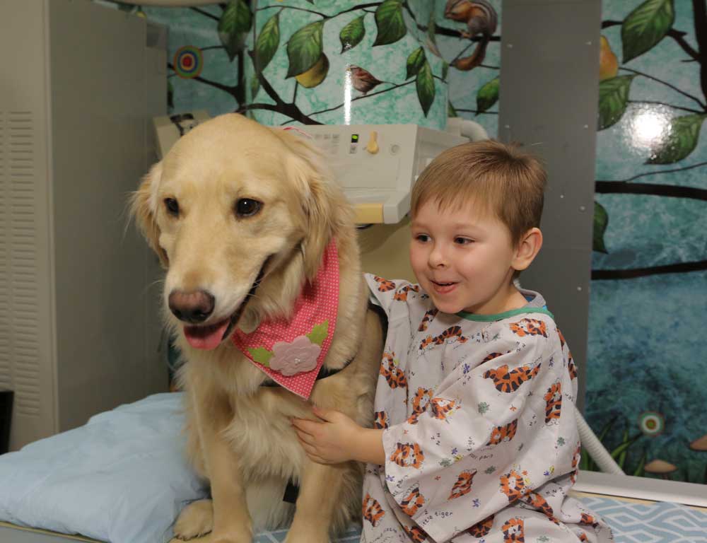 A boy in a hospital gown sits alongside a golden retriever. The boy is smiling; the dog is wearing a pink