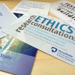 A promotional image for Penn State Clinical and Translational Science Institute shows a number of pamplets and cards advertising CTSI services fanned out on a table. The words "Ethics Consultations" are visible large on one of the cards.