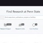 A screenshot of the Penn State Research Portal (Pure) is seen in December 2017. The Penn State logo appears at the top left on a black background. Below it, a search box and ways to filter information appear on a white background, with a general summary of the system below.
