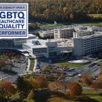 An aerial view of Penn State Health Milton S. Hershey Medical Center in Hershey, PA, is seen with the logo for the Human Rights Campaign 2018 Healthcare Equality Index superimposed at the top let. The logo features the words Healthcare Equity Index, Human Rights Campaign Foundation 2018, LGBTQ Healthcare Equality, Top Performer.