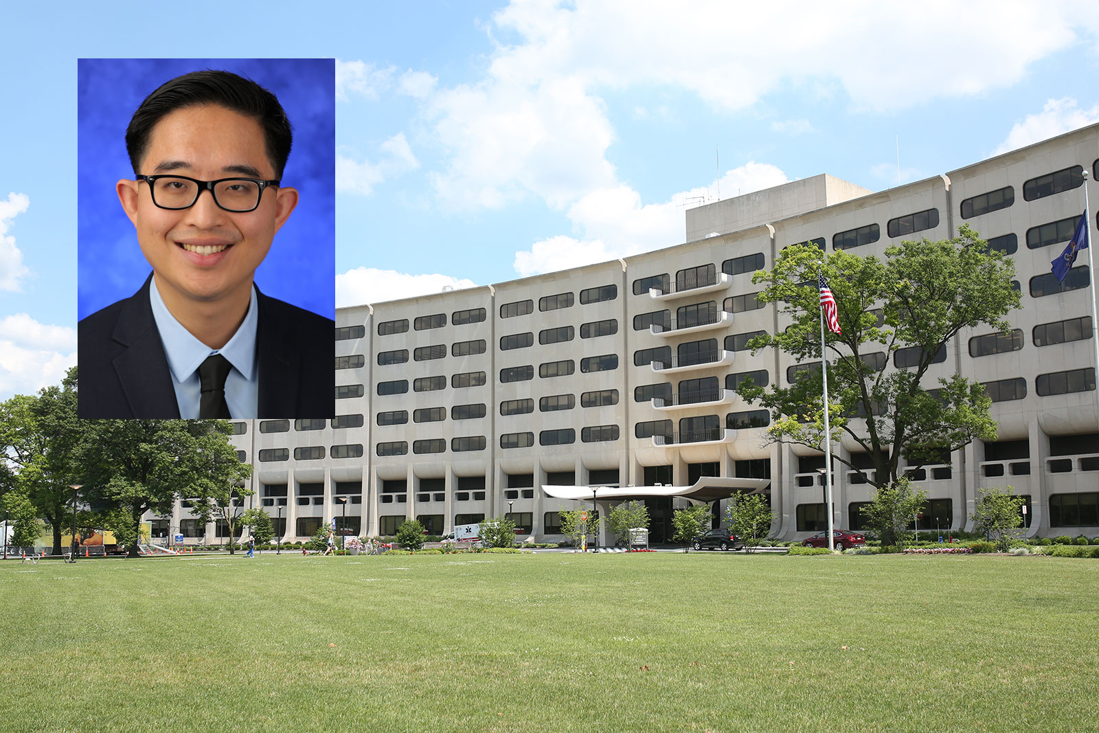 Tony Lin, a student in Penn State College of Medicine's MD/MPH program, will complete a diagnostic radiology residency at Yale New Haven Hospital in Connecticut. A head-and-shoulders photo of Lin in a suit and tie is superimposed at the top left of a photo of the College's Crescent building, showing the building, trees and a large expanse of lawn.