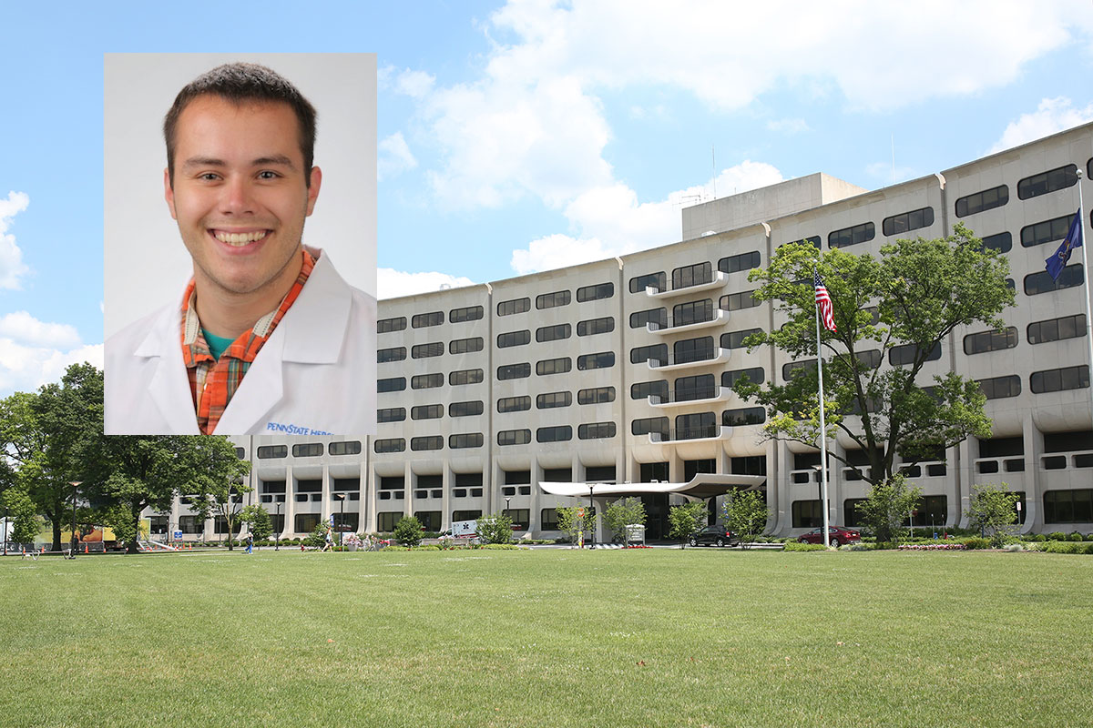 Penn State College of Medicine MD/PhD Medical Scientist Training Program student Scott Tucker has recently received several awards and honors. A head-and-shoulders photo of Tucker in a white lab coat is seen superimposed on a photo of the College of Medicine's Crescent building in Hershey, PA.