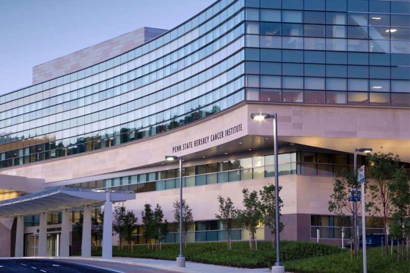 The glass-fronted Penn State Cancer Institute is seen in Hershey, PA.