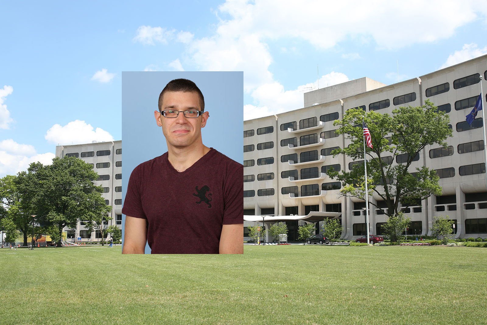 Gary J. Farkas, a student in the Anatomy PhD program at Penn State College of Medicine, was honored by the Department of Physical Medicine and Rehabilitation for excellence in graduate student research. A head-and-shoulders photo of Farkas is seen superimposed on the left side of a photo of the College's Crescent building in Hershey, PA.