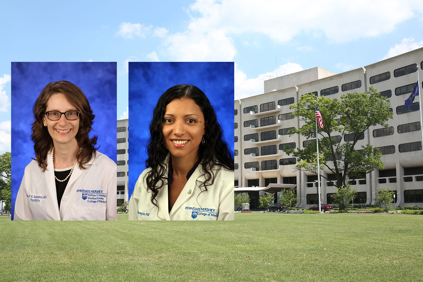Drs. Erika Saunders, left, and Patricia Silveyra, right, were recently chosen for leadership programs. Professional head-and-shoulders photos of the two women are seen superimposed on an image of Penn State College of Medicine's Crescent building in Hershey, PA.