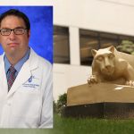 Dr. Jeffrey Sundstrom has established the Penn State Inherited Retinal Degeneration Clinic. A professional head-and-shoulders photo of Sundstrom is superimposed on an image showing the Penn State Nittany Lion statue.