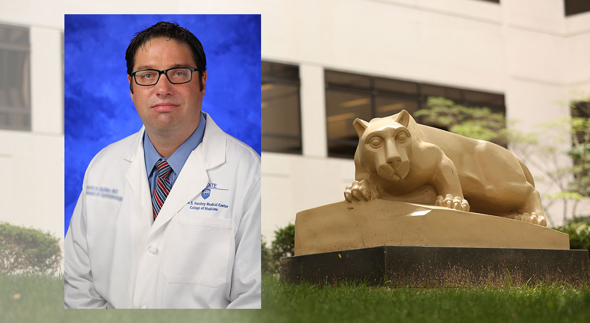 Dr. Jeffrey Sundstrom has established the Penn State Inherited Retinal Degeneration Clinic. A professional head-and-shoulders photo of Sundstrom is superimposed on an image showing the Penn State Nittany Lion statue.