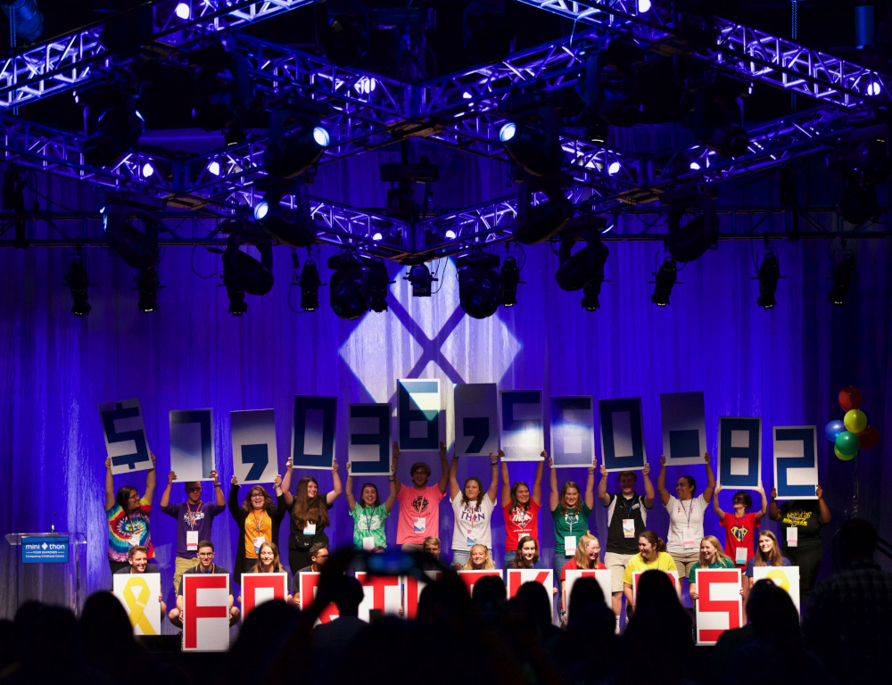 A group of young people stand on a stage holding up individual numbers that spell $7,036,560.82 and letters that spell out FOR THE KIDS.
