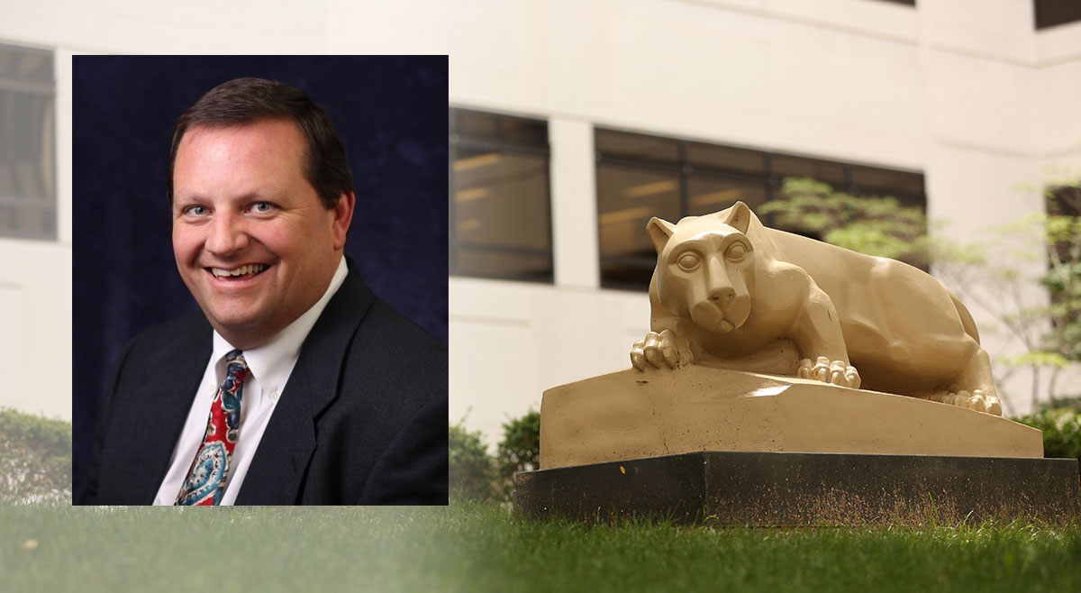 Richard Bagley is pictured in a professional headshot, and that photo is superimposed on a photo of the Nittany Lion statue.