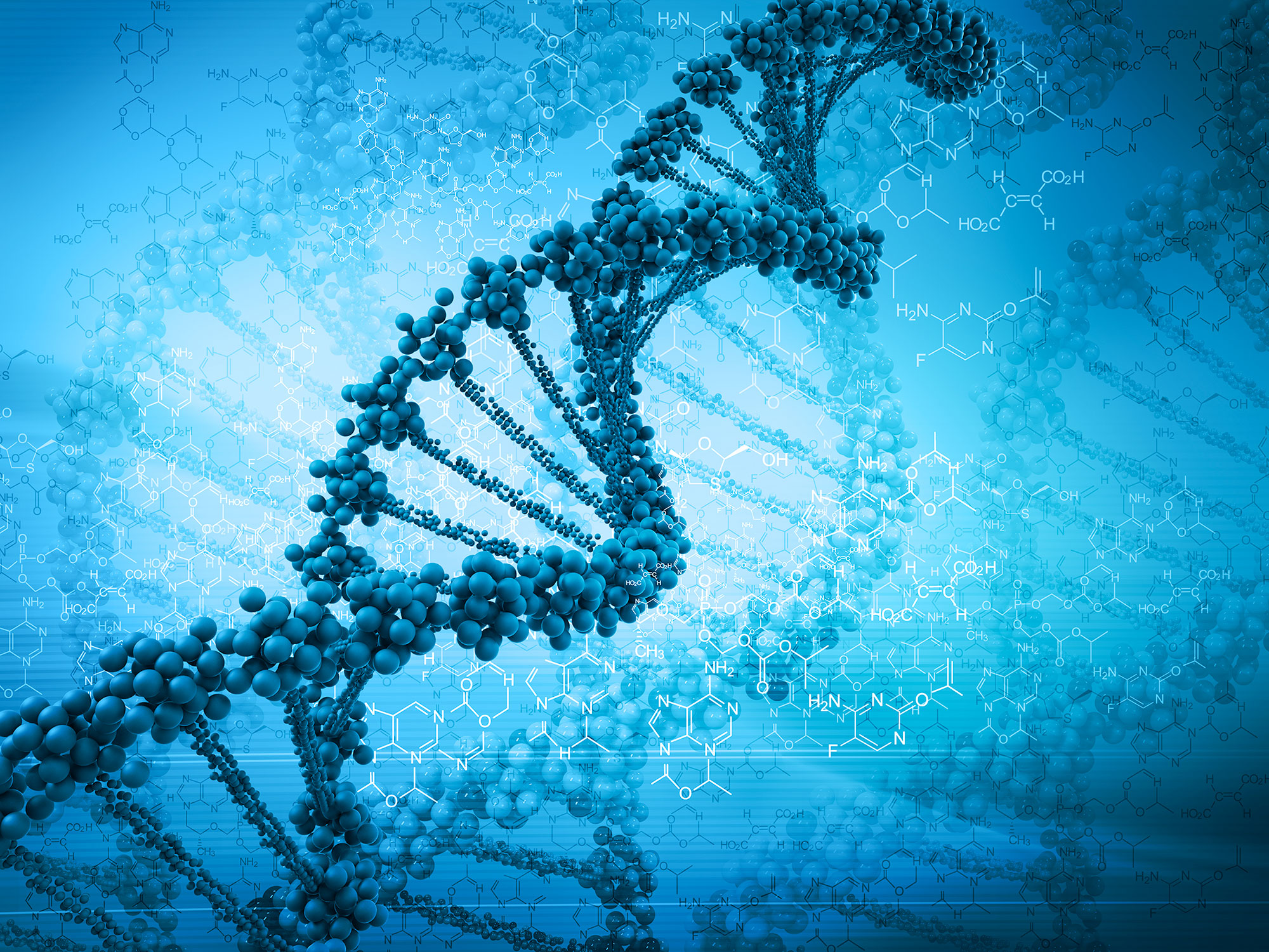 A stylized image of a DNA double helix is seen overlaid on faint depictions of molecules.