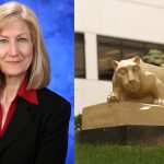Mary Lou Kanaskie was recently named director of the Office of Nursing Research and Innovation at Penn State Health Milton S. Hershey Medical Center. A professional photo of Kanaskie is seen superimposed on a photo of Penn State College of Medicine's Nittany Lion statue.