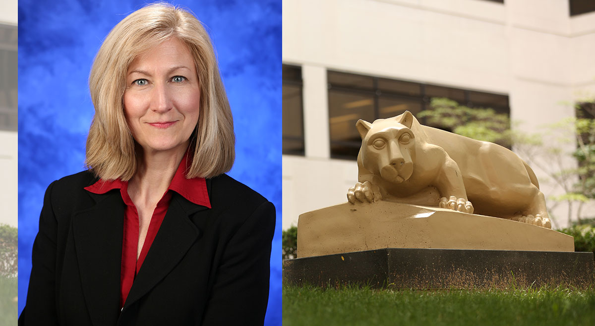 Mary Lou Kanaskie was recently named director of the Office of Nursing Research and Innovation at Penn State Health Milton S. Hershey Medical Center. A professional photo of Kanaskie is seen superimposed on a photo of Penn State College of Medicine's Nittany Lion statue.