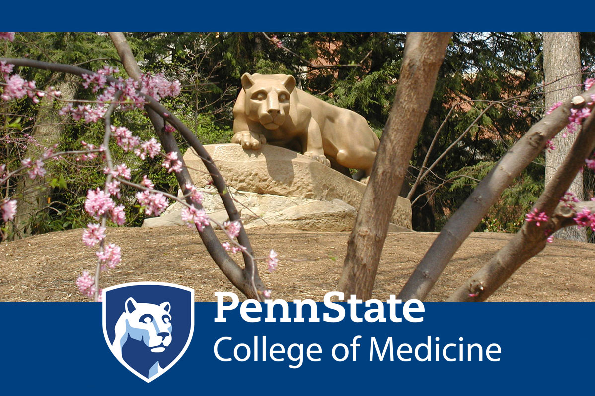 An image of the Penn State Nittany Lion statue is seen through a small clump of trees. The Penn State College of Medicine logo appears over the bottom on a solid-colored background.