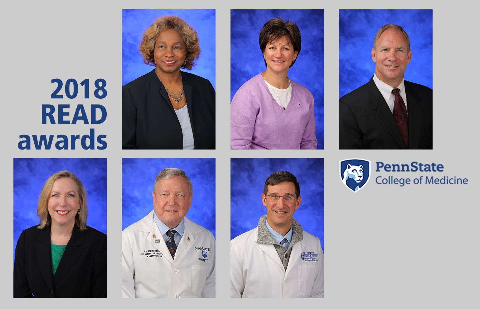 Recipients of the 2018 READ Awards given by Harrell Health Sciences Library are, from top left, Lynette Chappell-Williams, Jennifer Fenstermaker, David Gater Jr., Eileen Moser, Edward Schwentker and Mark Stephens. Professional head-and-shoulders photos of all six recipients are set on a plain-colored background with the text 