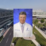 A professional headshot image of Dr. Richard Legro superimposed on an aerial photo of the main Hershey Medical Center entrance and surrounding buildings.
