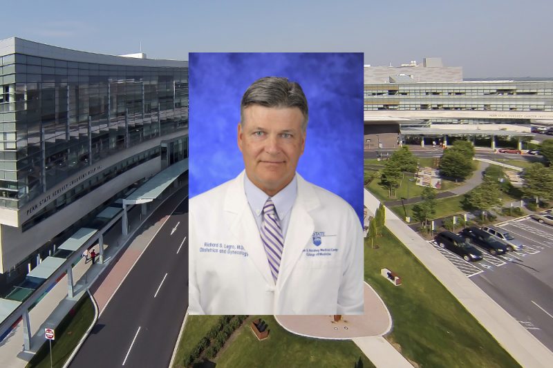 A professional headshot image of Dr. Richard Legro superimposed on an aerial photo of the main Hershey Medical Center entrance and surrounding buildings.