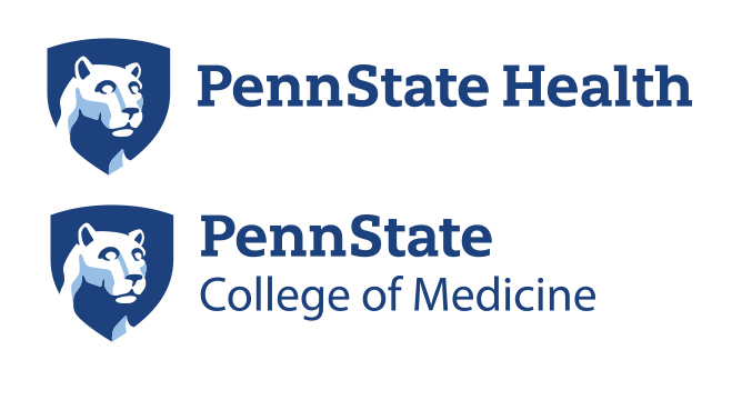 The Penn State Health logo is stacked above the Penn State College of Medicine logo. Both logos feature the Nittany Lion inside a shield.