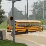 A school bus sits in an intersection surrounded by floodwaters. Several emergency responders gesture to the school bus driver. A traffic signal pole is in the foreground, and a tree is on the left.