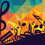 The image for the Great Music Unplugged concert series includes a background made from triangles in a rainbow of colors, with a large treble clef overlaid at left and various music notes and symbols smaller across the rest of the image.