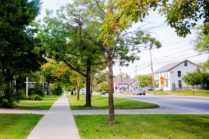 The view down a long sidewalk of a residential neighborhood. A grassy area lined with trees is between the sidewalk and the road. Some cars and buildings are in the background.