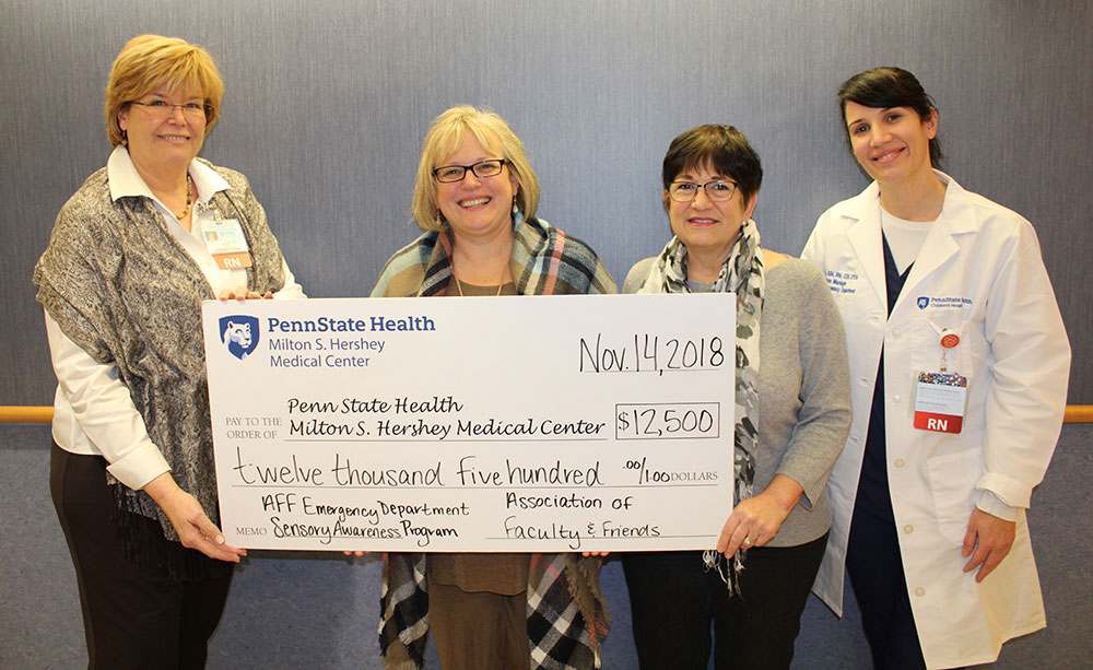 Four woman hold a large posterboard check in the amount of $12,500 made payable to Penn State Health Milton S. Hershey Medical Center. From left are Marie Hankinson, vice president of nursing; Dr. Susan Promes, Emergency Medicine chair; Betty Rigberg of the Association of Faculty and Friends, and Jen Lau, Pediatric Emergency Department nurse manager. Lau is wearing a white lab coat with the Hershey Medical Center logo on it.