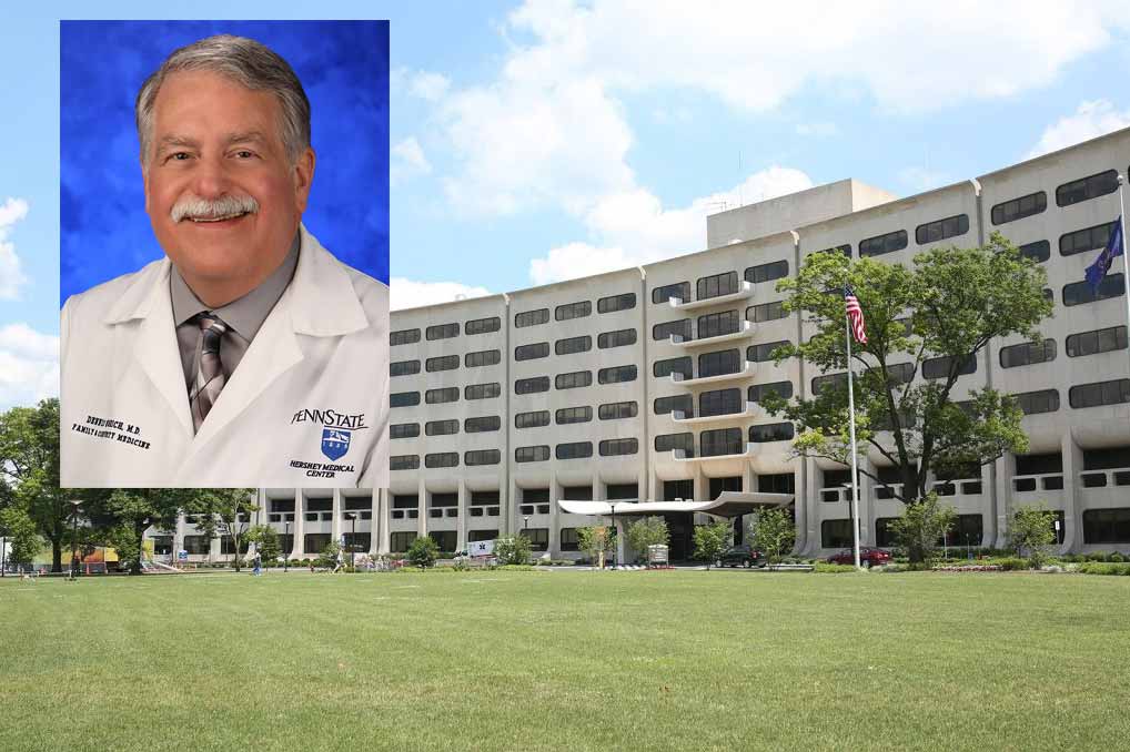Dr. Dennis Gingrich, a family physician with Penn State Health and Penn State College of Medicine, is superimposed at the top left of a photo of the College's Crescent building, showing the building, trees and a large expanse of lawn.