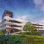 An artist’s rendering of a new five-story parking deck on the Hershey Medical Center campus shows a vertical tower and three concrete levels. People walk on the sidewalk in front of the parking deck, surrounded by trees and grass.