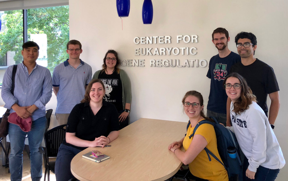 A group of graduate students are pictured sitting and standing around a table with the words Center for Eukaryotic Gene Regulation on the wall behind them.