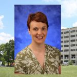A head-and-shoulders professional photo of Dr. Kirsteen Browning is seen superimposed on a photo of Penn State College of Medicine's Crescent building in Hershey, PA.
