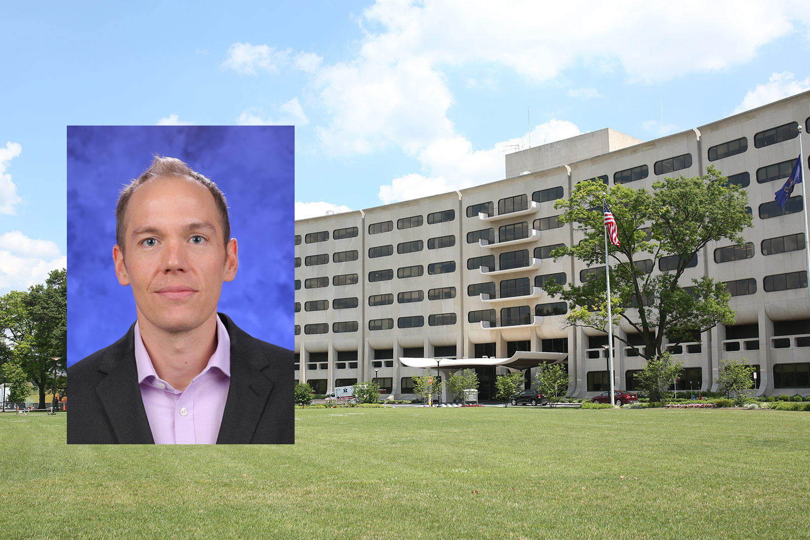 A head-and-shoulders professional photo of Dr. Guy Townsend is seen superimposed on a photo of Penn State College of Medicine's Crescent building in Hershey, PA.