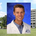 A head-and-shoulders professional photo of Dr. Steven Hicks is seen superimposed on a photo of Penn State College of Medicine's Crescent building in Hershey, PA.