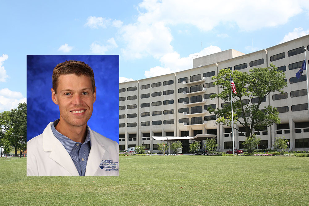 A head-and-shoulders professional photo of Dr. Steven Hicks is seen superimposed on a photo of Penn State College of Medicine's Crescent building in Hershey, PA.