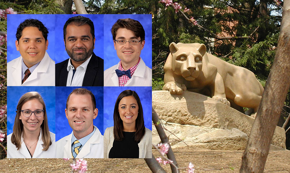 A composite image shows professional headshots of the six residents overlaid on an image of Penn State's Nittany Lion statue, seen outdoors.