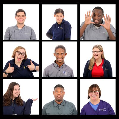 Members of the Project Search Class of 2018 at Penn State College of Medicine are shown in a square format, with three photos in three rows. Each student strikes a pose or makes a face. Bryce Boyer smiles broadly, Cheyanne Wilson puts her hand on her hip and purses her lips, James Silver fans his hands out on either side of face, Ava Pyles smiles and gives a thumbs up with each hand, Ethan Parrish smiles, Marissa Nice looks sideways and laughs, Emily Swanic smiles and holds up one hand with palm facing upwards, James Morrison look serious and Samantha Brace smiles.