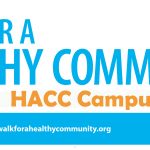 The logo and flyer for Walk for a Healthy Community, featuring stick figures performing actions such as walking, guiding a wheelchair and waving. The Highmark logo is in the lower right corner.