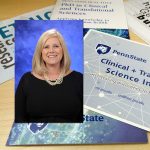 A head-and-shoulders professional photo of Andrea Murray is superimposed on a background image of several brochures and cards advertising Penn State Clinical and Translational Science Institute.