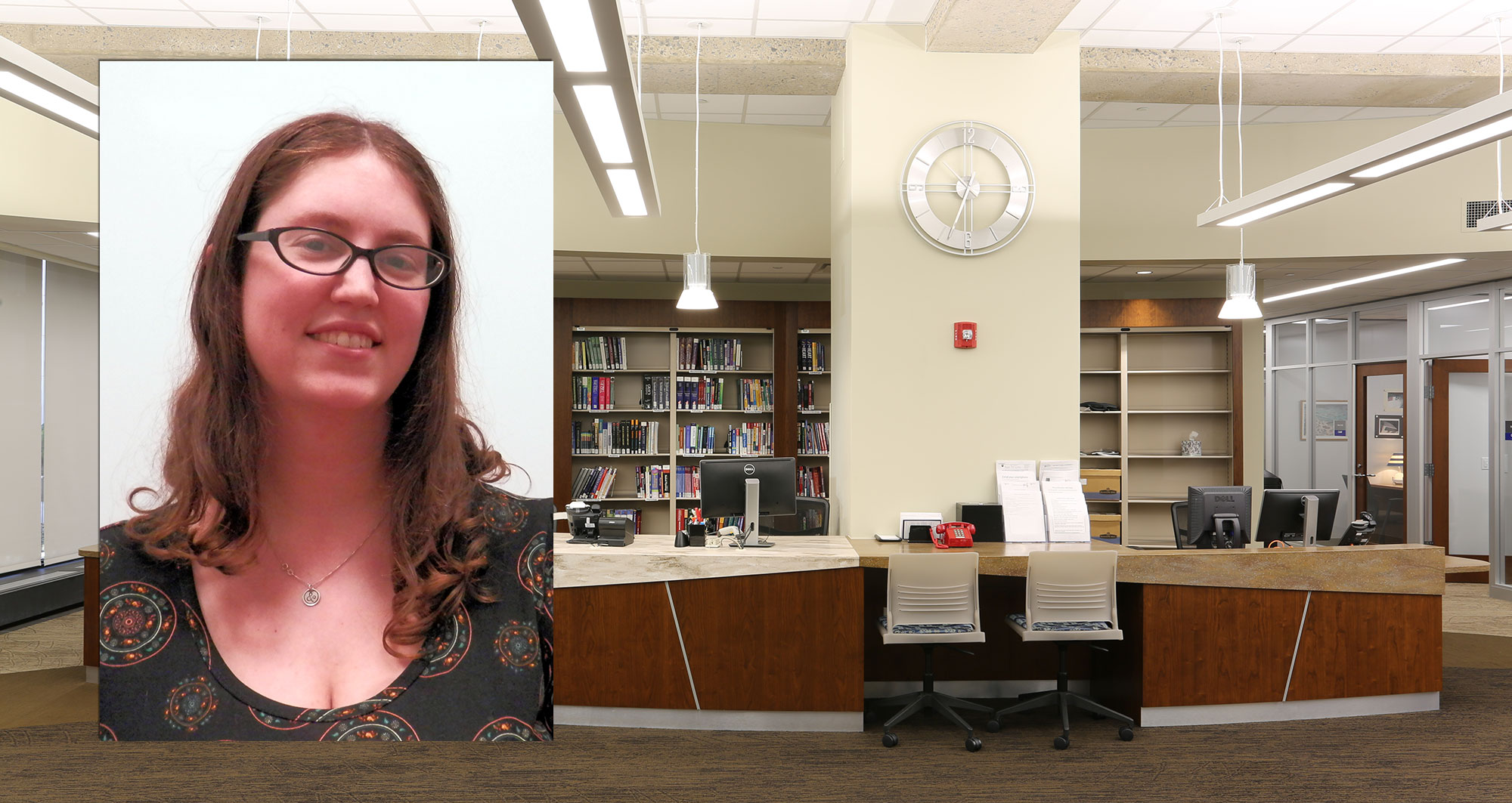 A head-and-shoulders photo of Alex Harrington is superimposed on a photo depicting the library's main circulation and reference desk.