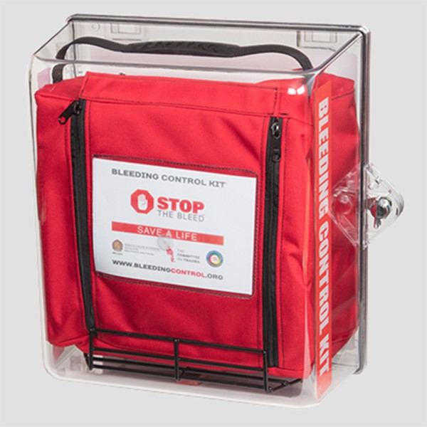 A clear plastic box contains a cloth bag with the Stop the Bleed logon the front.