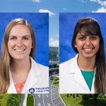 Head-and-shoulders professional photos of Lindsay Buzzelli and Anjana Sinha are seen superimposed on a photo of Penn State College of Medicine's campus in Hershey, PA.