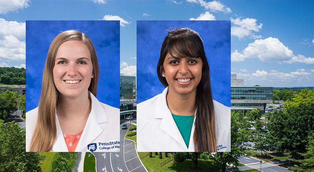 Head-and-shoulders professional photos of Lindsay Buzzelli and Anjana Sinha are seen superimposed on a photo of Penn State College of Medicine's campus in Hershey, PA.
