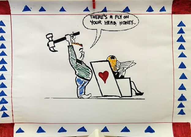A depiction of the rationalization defense mechanism includes a cartoon man holding a hammer over a woman's head, with text that says There's a fly on your head, honey.