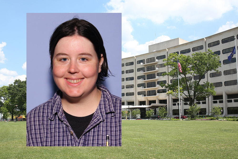 A head-and-shoulders photo of student Erin Tyndall is superimposed on a photo of Penn State College of Medicine's Crescent building in Hershey, PA.