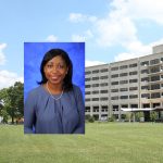A head-and-shoulders professional photo of Yendelela Cuffee, PhD, MPH, is superimposed on a picture of Penn State College of Medicine's Crescent building in Hershey, PA.