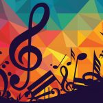 Penn State College of Medicine's Great Music Unplugged series is represented by a large group of musical symbols overlaid on a geometric, multicolored background.
