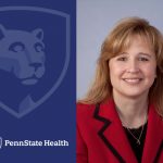 On the left, a Penn State Health logo. On the right, a woman smiles for a photo.