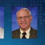 Dr. Craig Hillemeier, dean of Penn State College of Medicine, chief executive officer of Penn State Health and senior vice president for health affairs at Penn State, and R. Mark Faulkner, general counsel of Penn State Health, both smile. Both wear ties. Hillemeier, on the left, wears a white jacket. Both their images are next to an image of the Penn State Nittany Lion in three-quarters profile.
